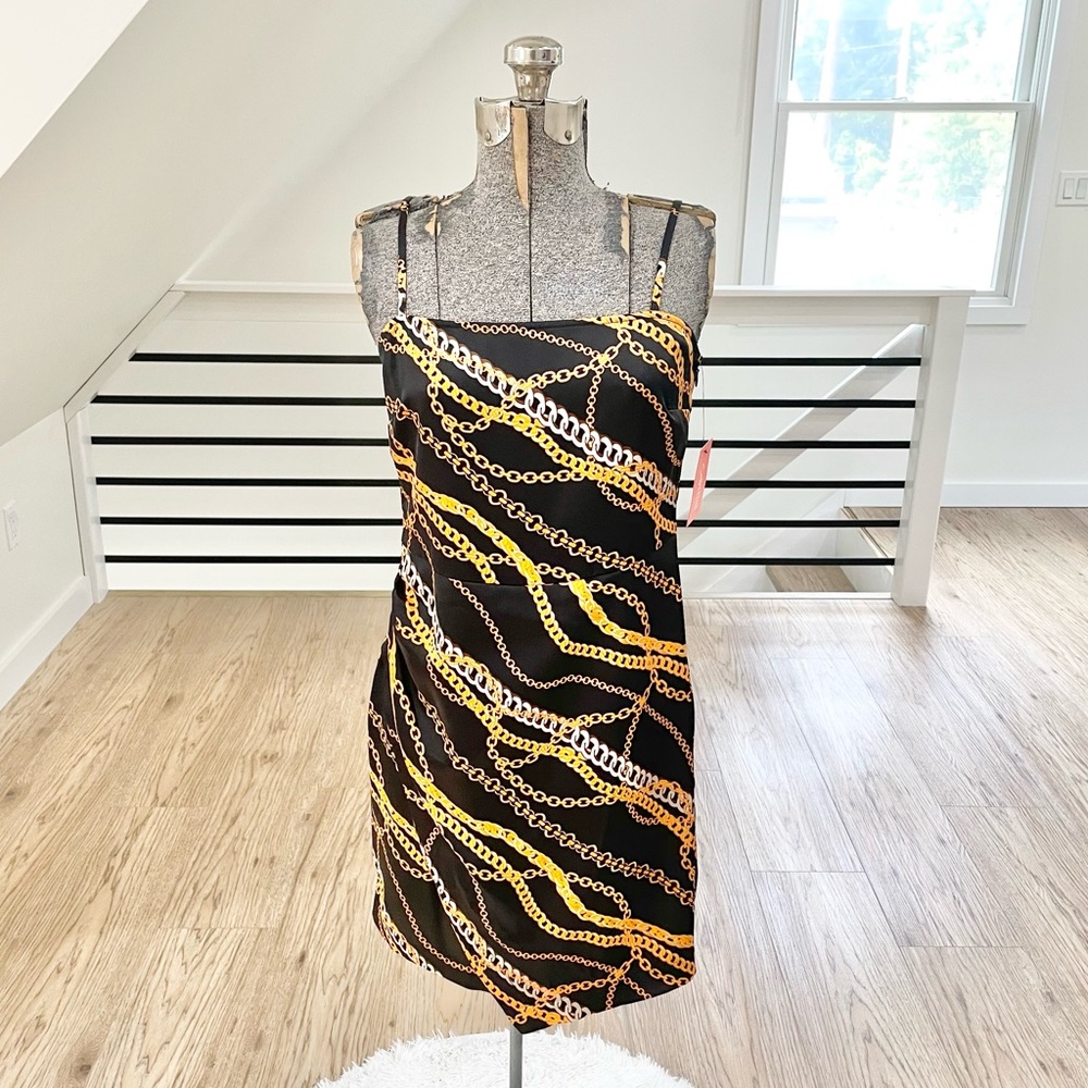 NWT S black and gold, bodycon chain mini dress